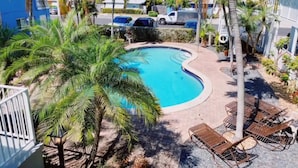 Una piscina rodeada de palmeras y sillas de descanso, con vista a coches aparcados y edificios al fondo.