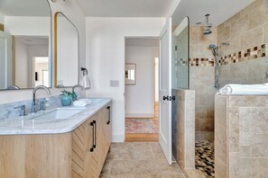Hair dryer, towels, soap, shampoo