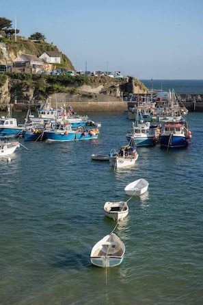 A harbor with various boats docked, a cliff with buildings, and a clear sky.