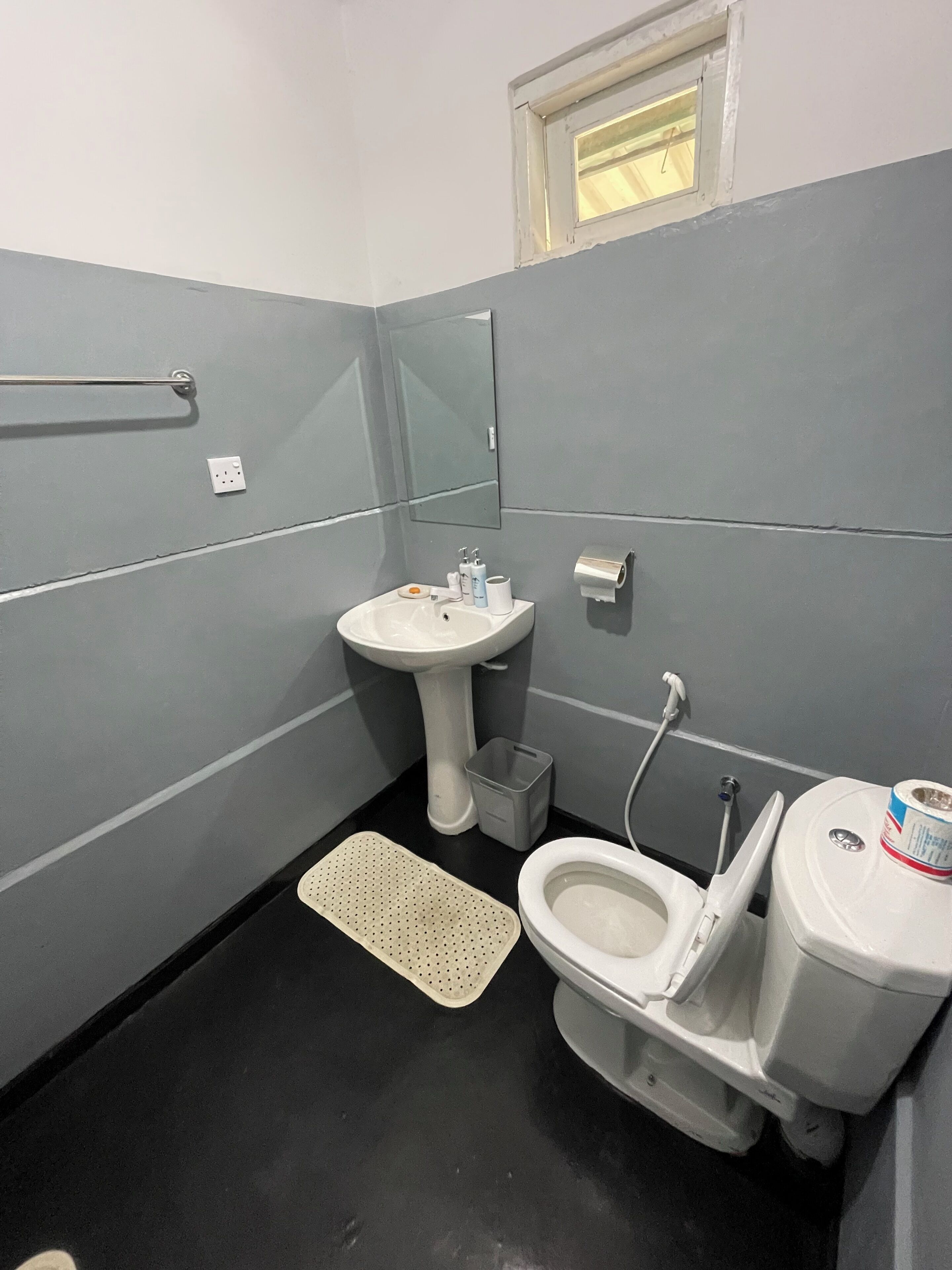 A small, compact bathroom with a white sink, a toilet, and a mirror.