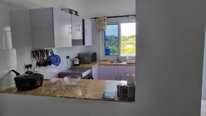 Elite Apartment, Balcony, Garden View | Private kitchen | Fridge, microwave, cookware/dishes/utensils, dining tables