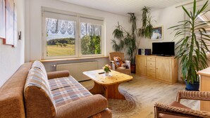 A living room with a sofa, a wooden coffee table, a television, a teddy bear, and a large window with lace curtains.