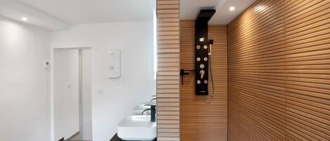 Shower, hair dryer, towels