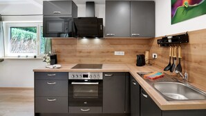 A modern kitchen with a built-in oven, microwave, and a stainless steel sink. - "Antilope" Apartment in Würmtal with Terrace, Wi-Fi, and Air Conditioning (Gräfelfing)