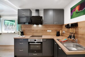 Fridge, microwave, oven, stovetop - "Antilope" holiday flat in Würmtal with terrace, Wi-Fi and air conditioning (Gräfelfing)