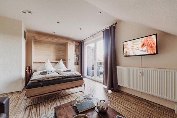 A modern bedroom with a bed, a television, a radiator, and a view of the outdoors.
