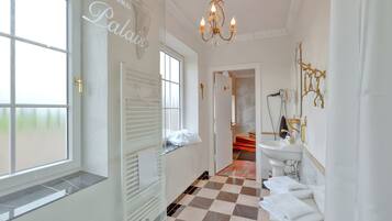 Shower, hair dryer, towels