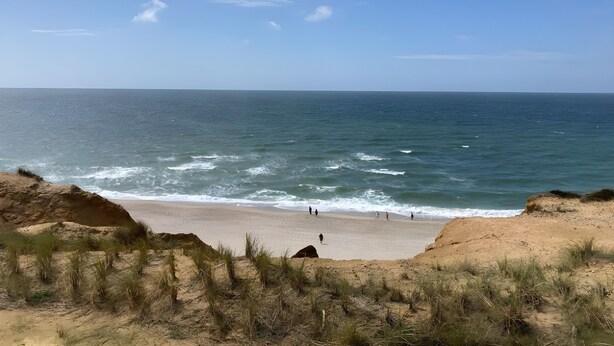 A beach with sand dunes and the ocean.