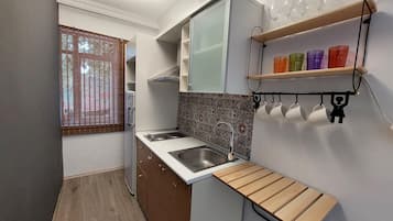 Estudio exclusivo, varias camas, junto a la playa | Cocina privada | Frigobar, lavavajillas, utensilios de cocina y toallas de papel
