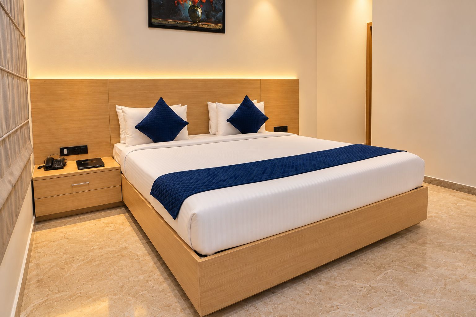 A modern hotel room with a wooden bed frame, a bedside table with a phone, and a wall-mounted artwork.