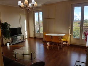 TV connectée, cheminée, livres