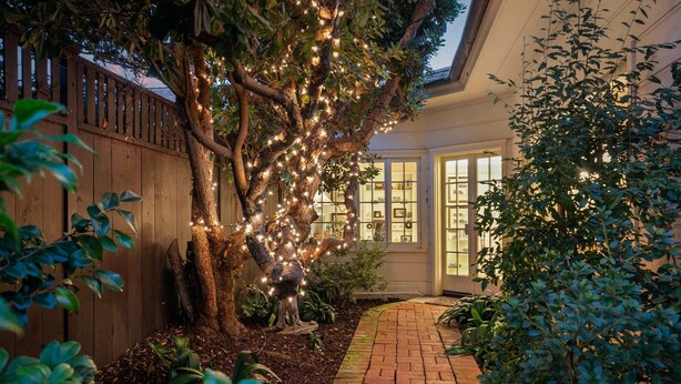 A tree with string lights, a brick pathway, and a wooden fence. - Oceanview Charmer, One Block to Beach (San Diego)