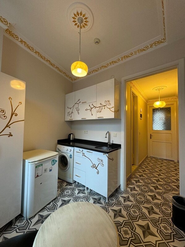 Une cuisine compacte équipée d’un lave-linge, d’un évier et agrémentée d’œuvres d’art décoratives sur les murs.