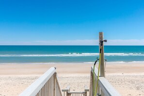 A wooden boardwalk leading to a sandy beach with the ocean in the background.