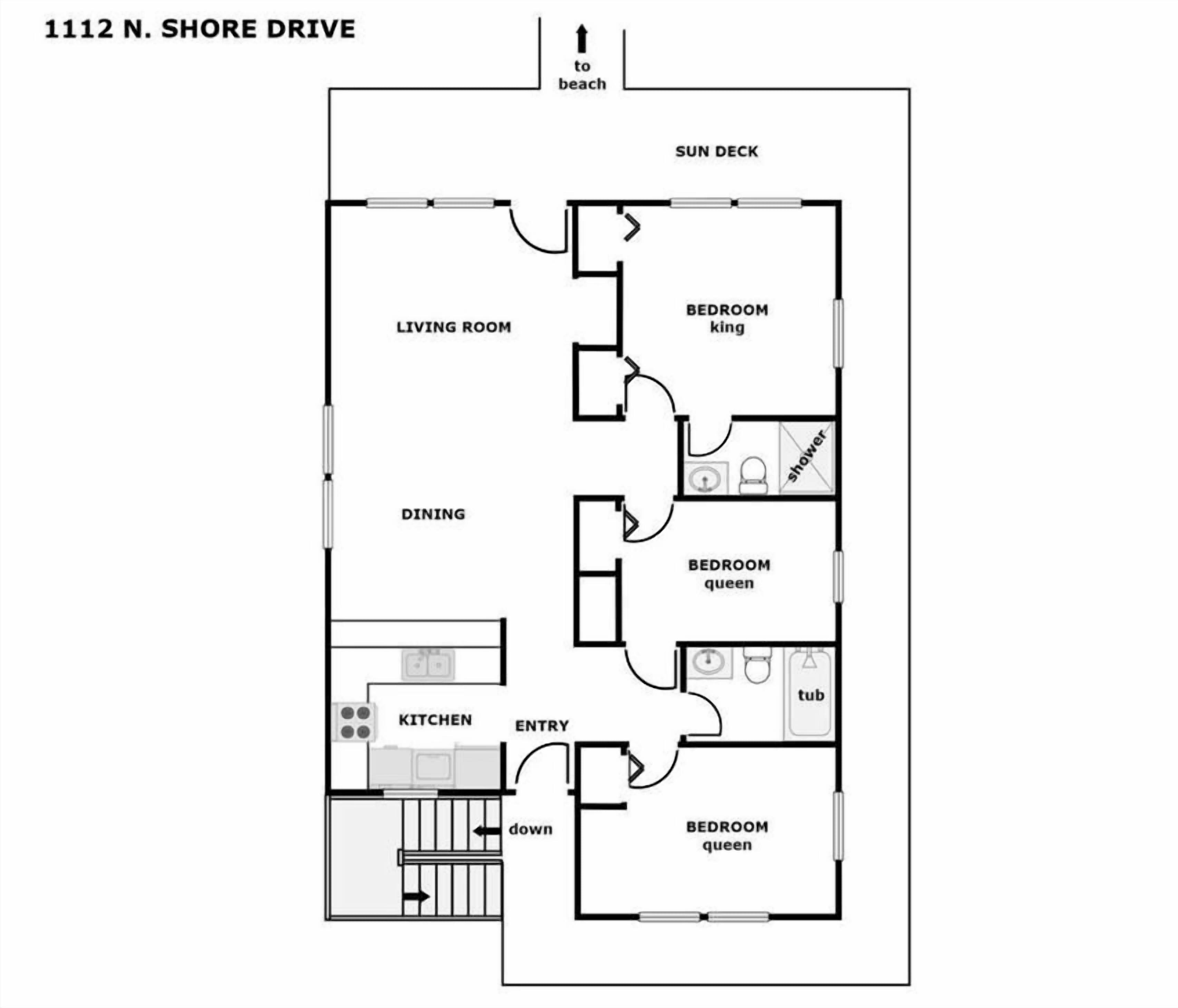 A floor plan of a house with a sun deck, living room, dining area, kitchen, and three bedrooms.