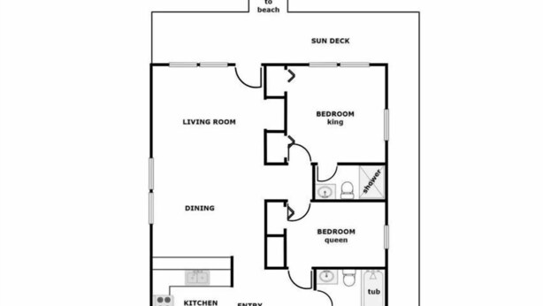 Plano de planta de una casa con terraza solárium, sala de estar, comedor, cocina y tres dormitorios.
