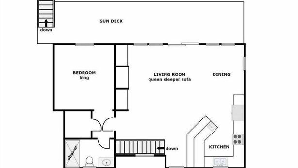 A floor plan of a hotel at 180 Top Sail Road, featuring a sun deck, a bedroom with a king-size bed, a living room with a queen sleeper sofa, a dining area, a kitchen, and a shower. - Bilou's - Oceanfront! Dog Friendly! (North Topsail Beach)