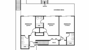 A 1st floor floor plan of a property at 180 Topsail Road, featuring two bedrooms labeled 'queen' and '2 twins', a covered deck, and a beach access. - Bilou's - Oceanfront! Dog Friendly! (North Topsail Beach)