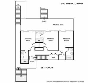 A 1st floor floor plan of a property at 180 Topsail Road, featuring two bedrooms labeled 'queen' and '2 twins', a covered deck, and a beach access. - Bilou's - Oceanfront! Dog Friendly! (North Topsail Beach)