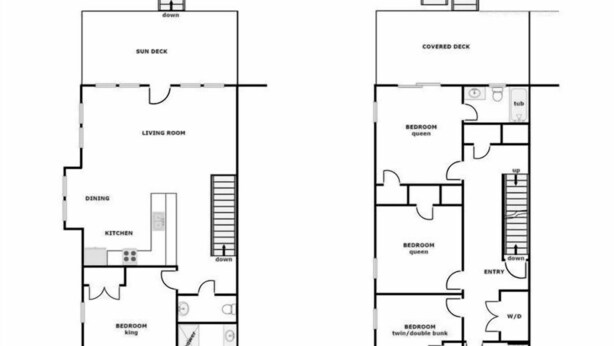Plan d’étage d’un appartement situé au premier étage, au 1220-A, avenue South Shore Drive, comprenant une terrasse ensoleillée, une terrasse couverte, un salon, un coin repas, une cuisine et deux chambres.
