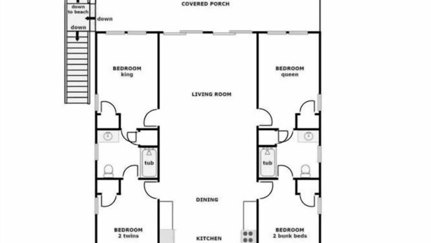 A floor plan of a property at 1014 S. Shore Drive, featuring a covered porch, two bedrooms labeled 'king' and 'queen', a living room, a dining area, a kitchen, a sunroom, and a main floor with a garage and entry. - Our Heels in the Sand, a spacious 4-bedroom oceanfront home (Surf City)