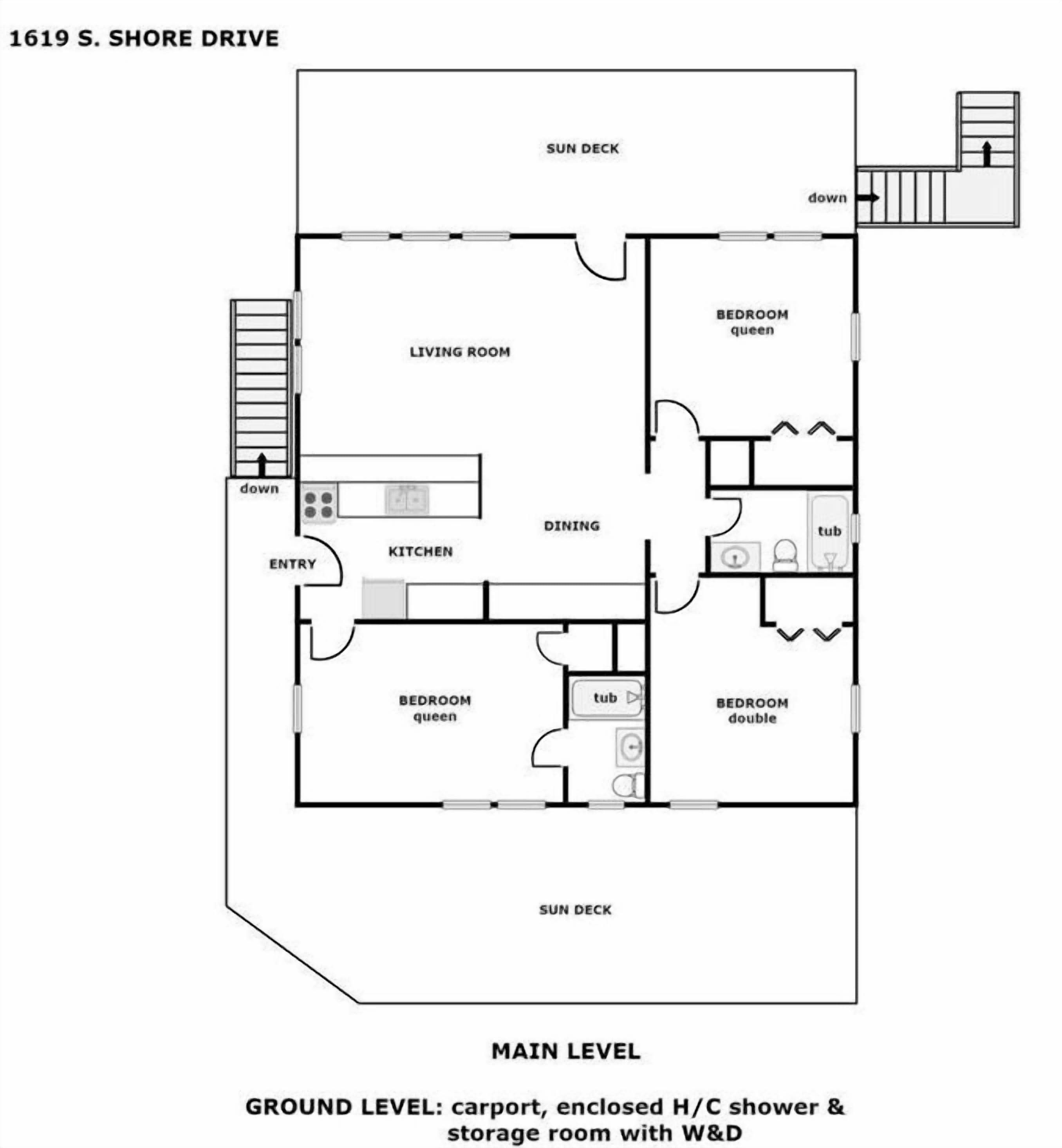 A floor plan of a ground level apartment with a sun deck, living room, kitchen, dining area, and two bedrooms.