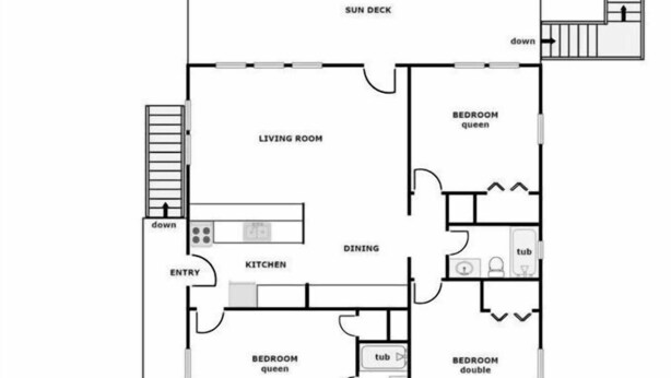 A floor plan of a ground level apartment with a sun deck, living room, kitchen, dining area, and two bedrooms.