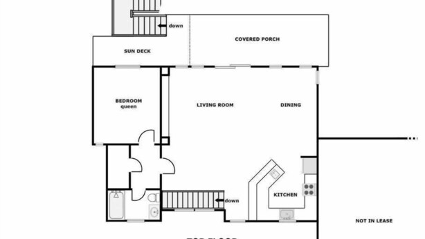 Plattegrond van een huis aan 467 N. Anderson Blvd. Toont een overdekte veranda, zonneterras, slaapkamer met een queensize bed, woonkamer, eetgedeelte en keuken.