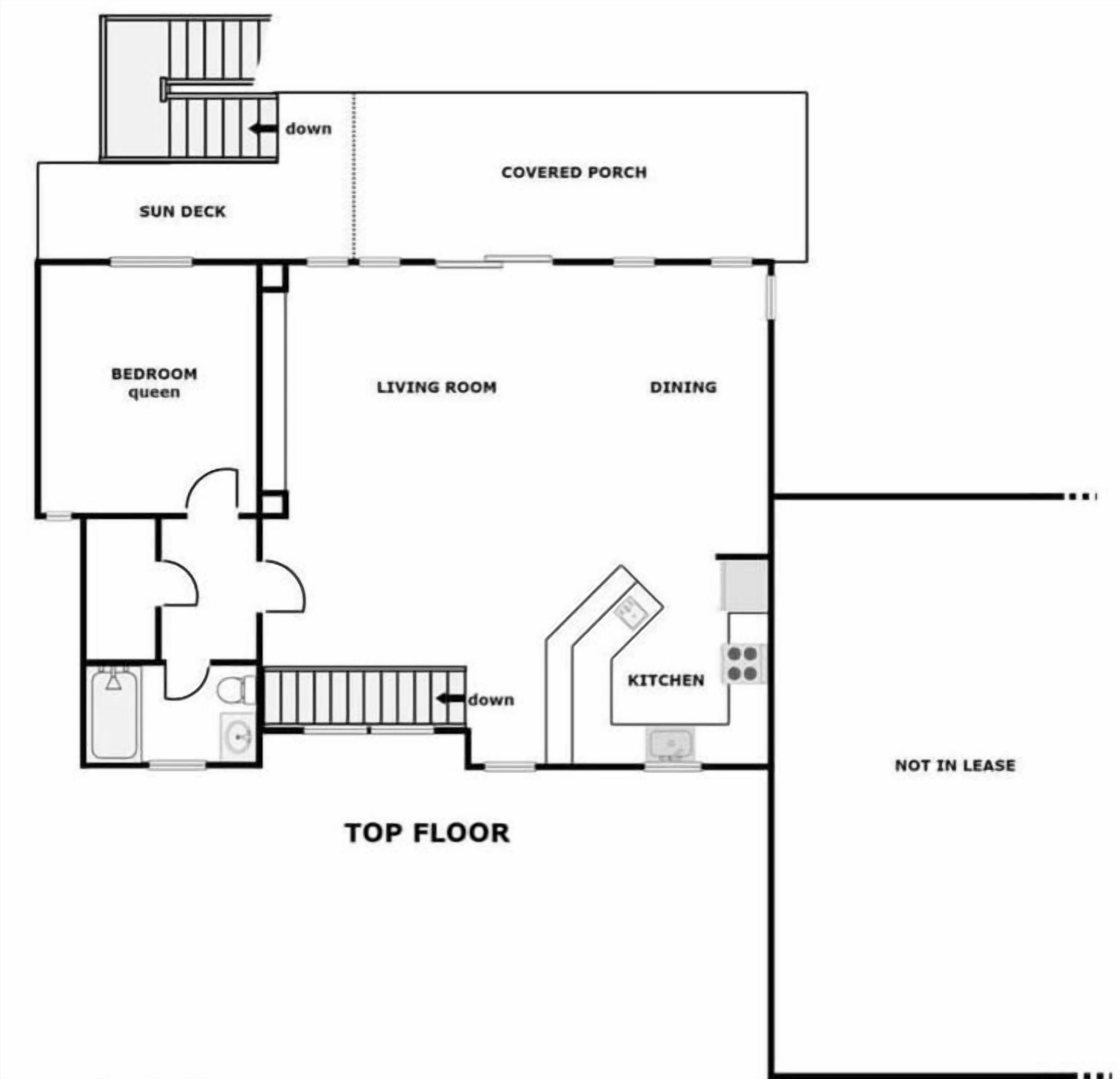 A top floor layout with a sun deck, covered porch, bedroom queen, living room, dining area, kitchen, and a not in lease section.