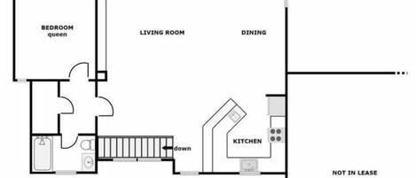 A top floor layout with a sun deck, covered porch, bedroom queen, living room, dining area, kitchen, and a not in lease section.
