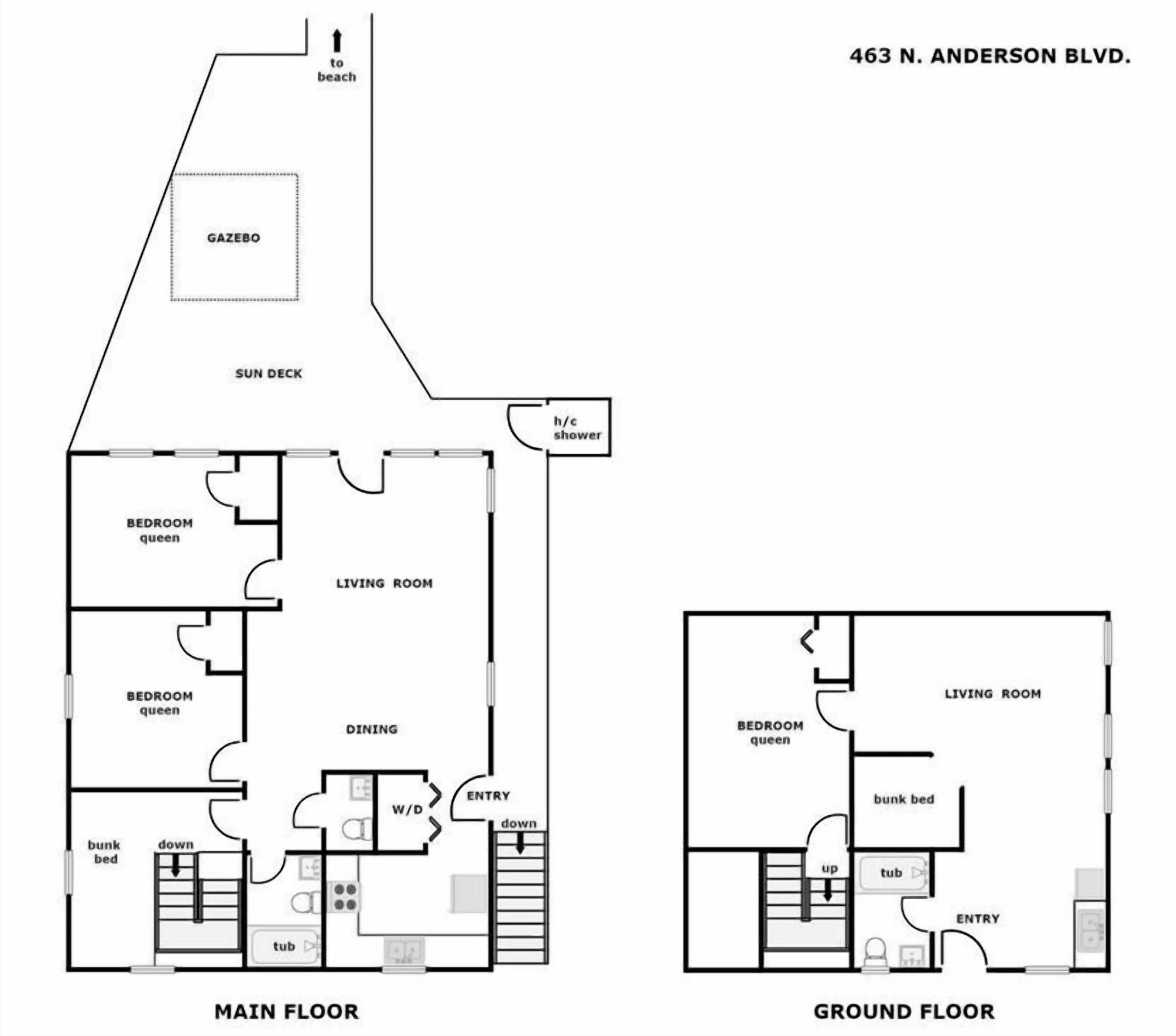 A floor plan of a property at 463 N. Anderson Blvd. with a main floor and ground floor. The main floor includes a living room, dining area, two bedrooms, a bathroom, and a sun deck. The ground floor has a living room, a bedroom, a bathroom, and a tub.