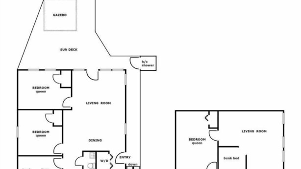A floor plan of a property at 463 N. Anderson Blvd. with a main floor and ground floor. The main floor includes a living room, dining area, two bedrooms, a bathroom, and a sun deck. The ground floor has a living room, a bedroom, a bathroom, and a tub. - Tumble Inn - Oceanfront home in Topsail Beach! Gazebo & Dog Friendly! (Topsail Beach)