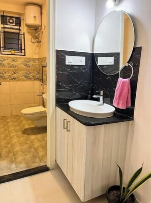 Hair dryer, towels, soap, toilet paper