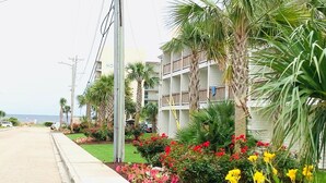 A beachfront hotel with a pool, palm trees, and colorful flowers. - Ocean Dunes Villas #22, stay close to the ocean (Myrtle Beach)