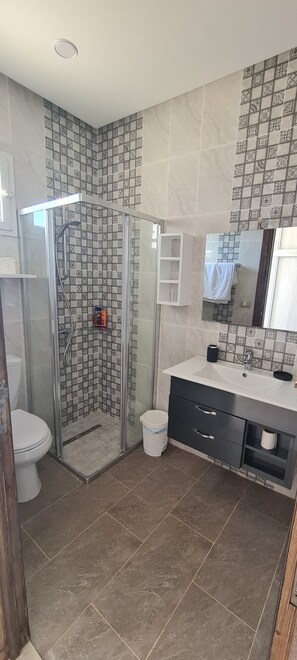 Regadera, secadora de cabello, toallas, jabón