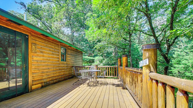 A wooden cabin with a deck, a dining table with chairs, and a view of the surrounding forest. - Peaceful Wautoma Retreat w/ Deck on 10 Acres! (Wautoma)