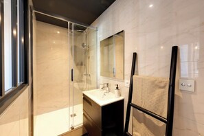 Shower, hair dryer, towels