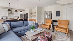 TV, fireplace, books, offices