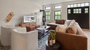 TV, fireplace, books, offices - 10BR Stowe Retreat | 2 Townhomes | Sleeps 20 (Thunderbolt)