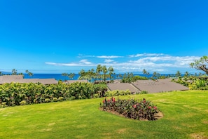 A tropical resort with a view of the ocean, palm trees, and a well-maintained lawn. - Wailea Elua, #1302 1 Bedroom Condo by RedAwning (Kihei)