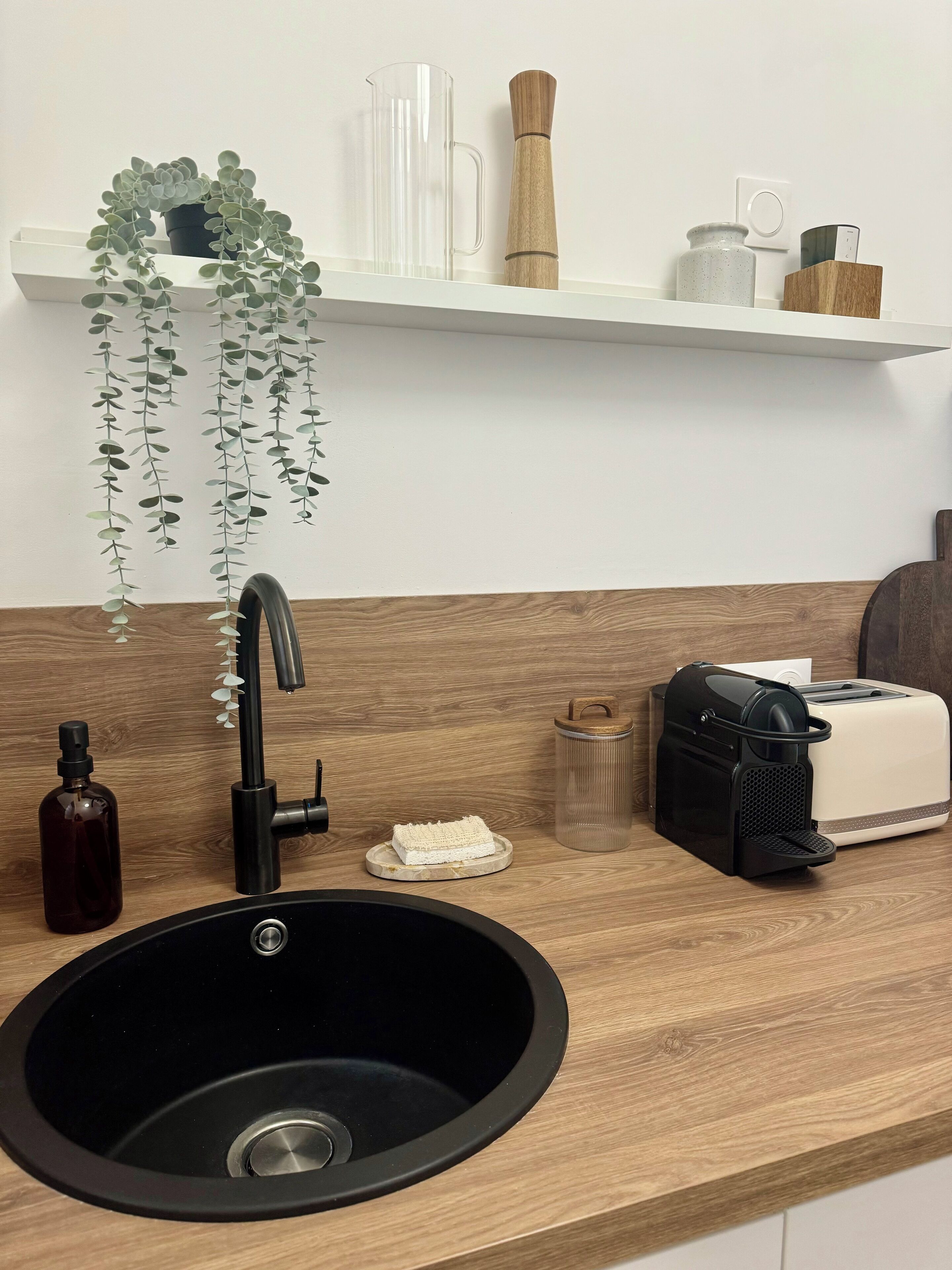 A kitchen with a black sink, a coffee machine, a toaster, a small plant, and a wooden shelf with various items.