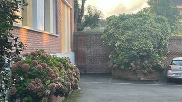 Una calle residencial con una casa de ladrillo, un coche aparcado al lado y un seto con flores rosadas.