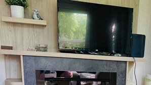 Un salon doté d’une cheminée, d’un téléviseur fixé au-dessus et d’une table basse agrémentée d’objets décoratifs.