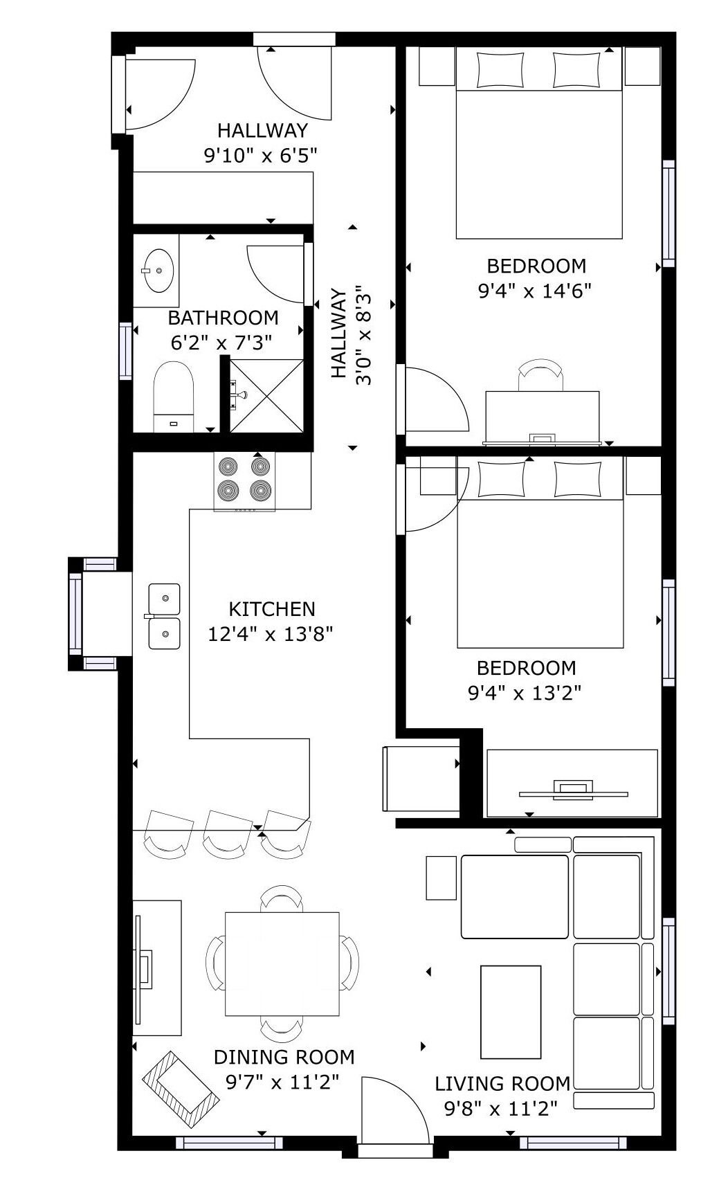 A floor plan of a house with a hallway, two bedrooms, a kitchen, a bathroom, a dining room, and a living room.