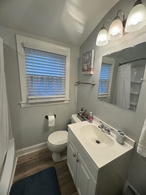 Hair dryer, towels, soap, shampoo