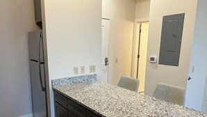A kitchen with granite countertops, dark cabinetry, and a built-in refrigerator. - Downtown Adrian apartment with parking and wifi (Adrian)