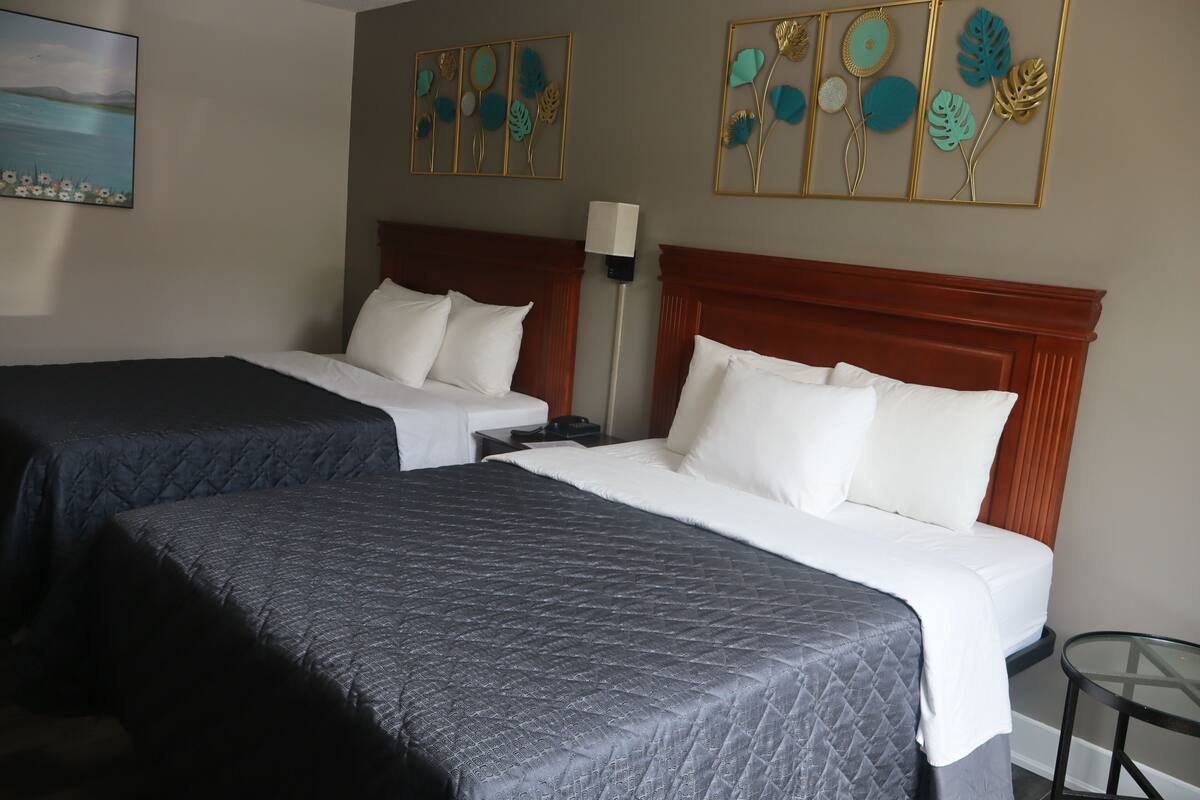 Habitación de hotel con dos camas, una mesita de noche, una lámpara y obras de arte en las paredes.