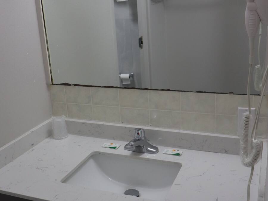 A bathroom with a white sink, a mirror, and a hairdryer.