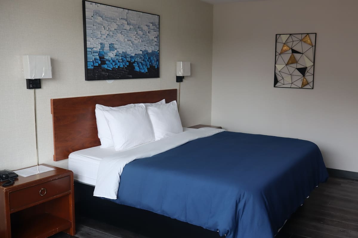 Habitación de hotel con cama, mesita de noche, lámpara de pared y dos cuadros.