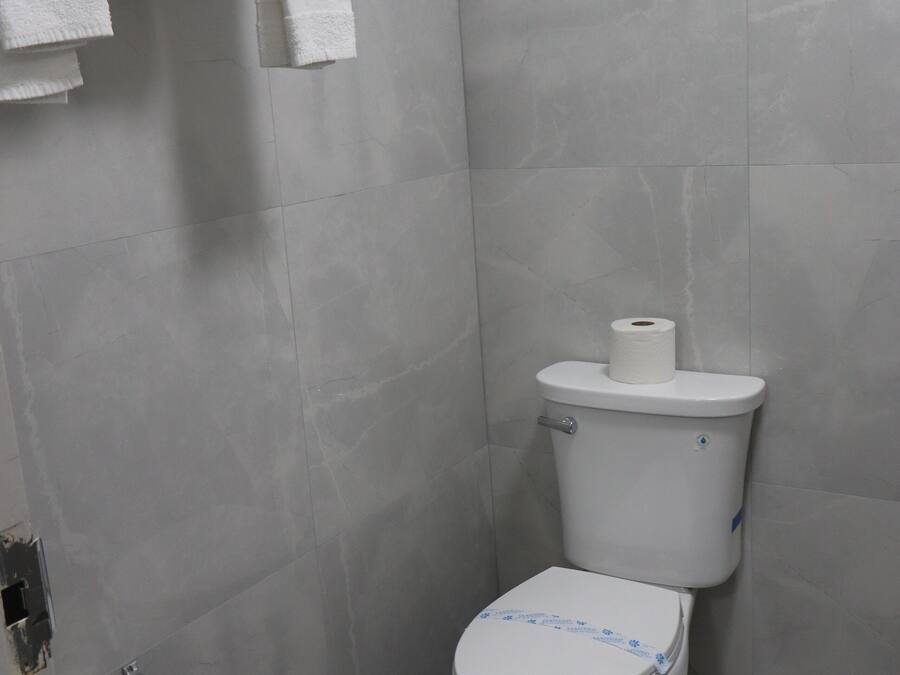 Un baño con inodoro, toallero con toallas y dispensador de papel higiénico.